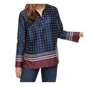 J Crew Drapey In Ratti Blue Red Geometric Print Long Sleeve High Low Tunic XXS